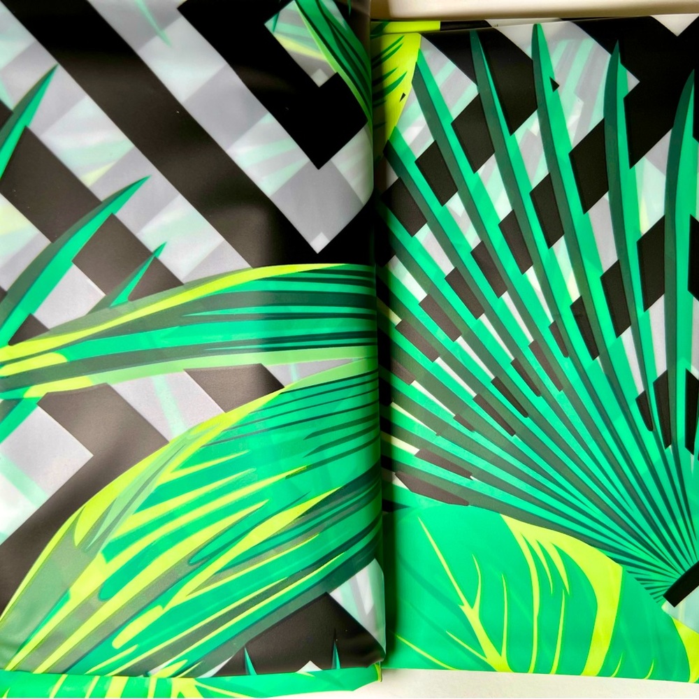 Tropical Green Leaves on Black White Chevron Pattern Peva Shower Curtain